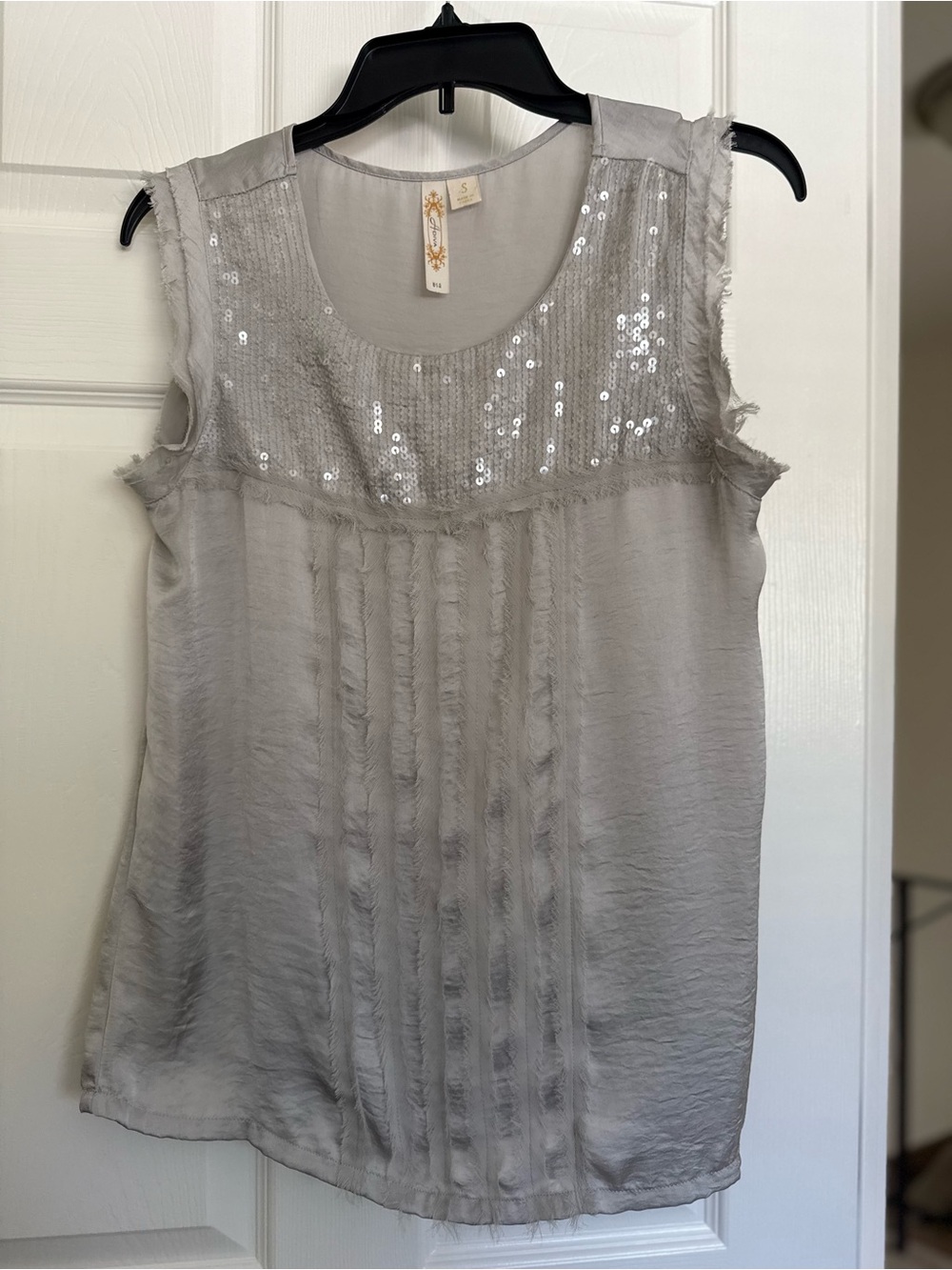 Adiva Silver-Gray Sleeveless Sequin Yoke Camisole
